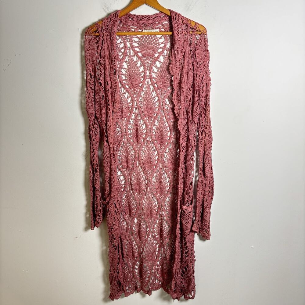Vintage Crochet Duster Cardigan Dusty Rose Newport News Size L Boho